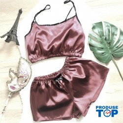 Pijama grena dama din satin cu maiou si pantaloni scurti PJD035