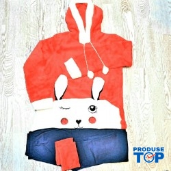 Pijama Cocolino din material pufos din doua piese cu pantaloni lungi si iepuras roz imprimat PJD036