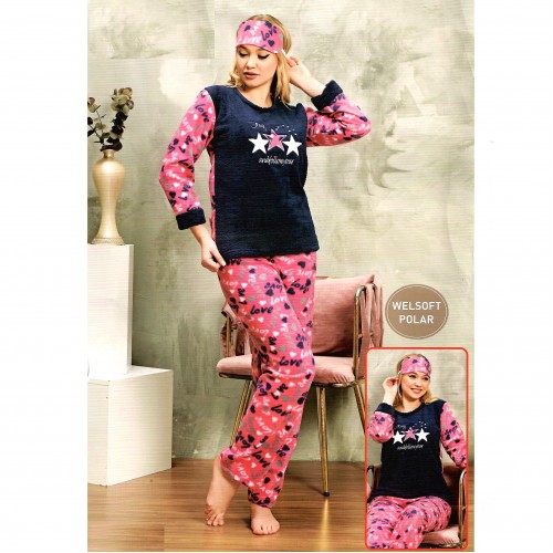 Pijama Rosie Cocolino groasa din material pufos din trei piese cu pantaloni lungi si masca somn cu inimioare PJD038