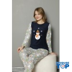 Pijamale dama bleumarin din doua piese cu bluza cocolino si pantaloni lungi cu imprimeu Om de Zapada PJD042