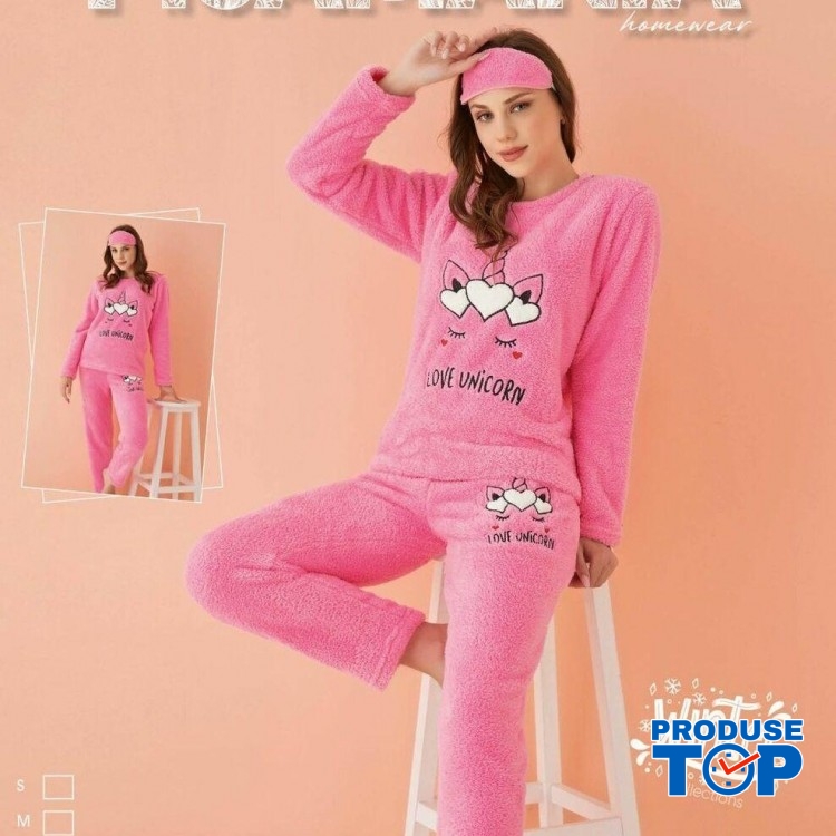 Pijama Cocolino Dama Roz cu Imprimeu Unicorn si Masca Somn PJD065