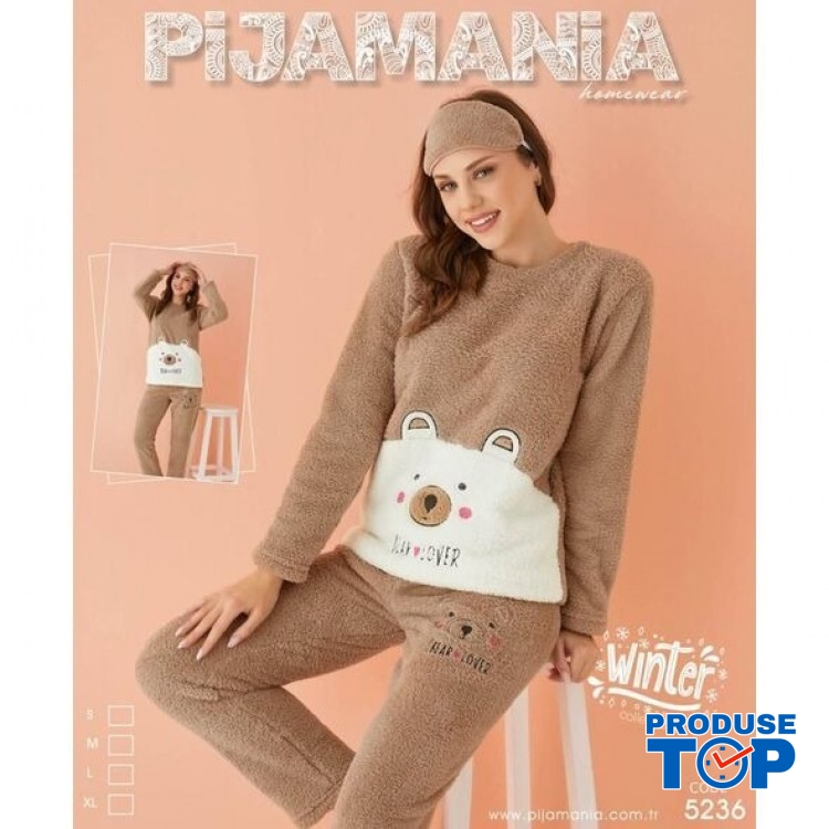 Pijama Cocolino Dama Maro cu Imprimeu urs si Masca Somn PJD068