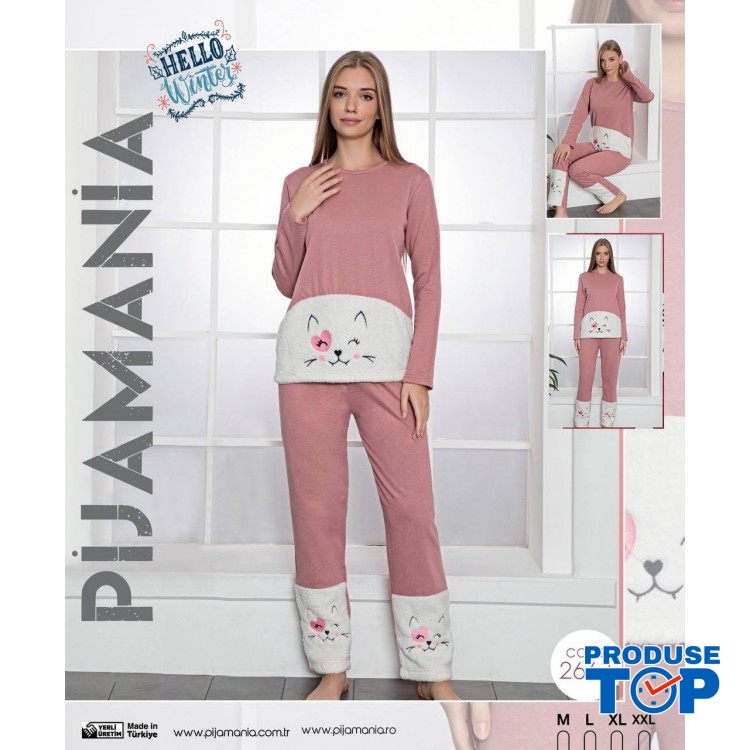 Pijama dama vatuita roz prafuit cu alb si imprimeu cocolino PJD070