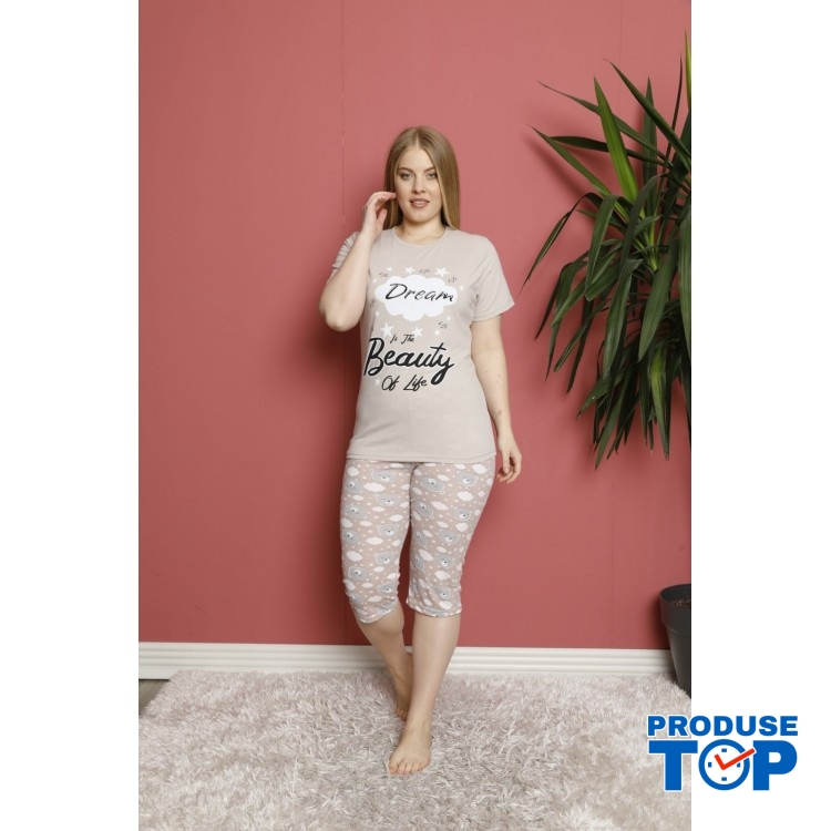 Pijama Dama batal bej tricou cu imprimeu nor si pantaloni trei sferturi PJD086