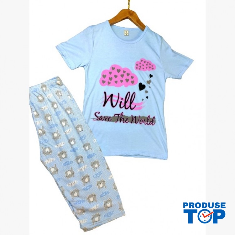 Pijama Dama batal albastra tricou cu imprimeu si pantaloni trei sferturi PJD086