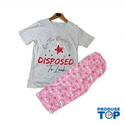 Pijama Dama batal tricou gri cu imprimeu stea si pantaloni roz trei sferturi PJD086