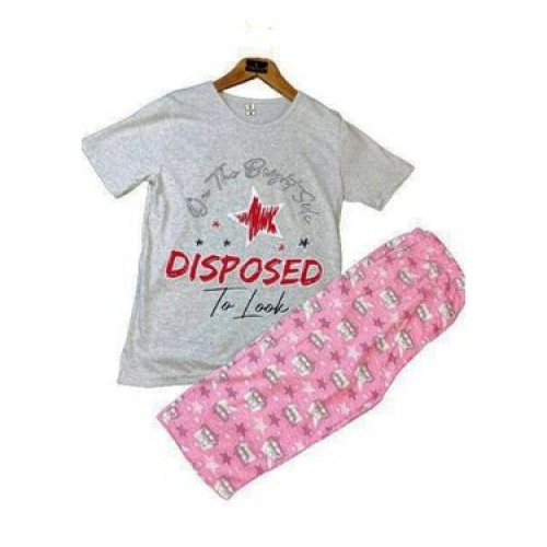 Pijama Dama batal tricou gri cu imprimeu stea si pantaloni roz trei sferturi PJD086