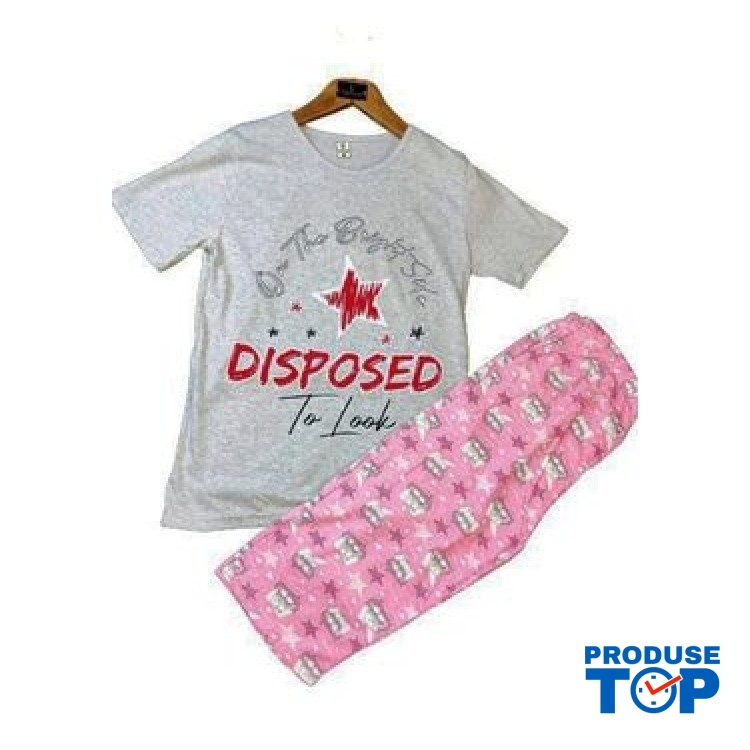 Pijama Dama batal tricou gri cu imprimeu stea si pantaloni roz trei sferturi PJD086