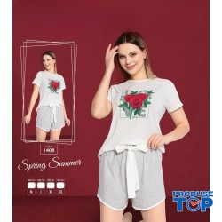 Pijama  Dama tricou alb cu imprimeu trandafiri si pantaloni scurti in dungi PJD098