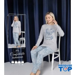 Pijamale dama  vatuita  bluza gri si pantaloni lungi  PJD106
