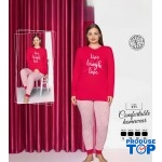 Pijama dama batal bluza roz inchis cu imprimeu si pantaloni lungi  PJD110