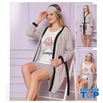 Set Pijama Dama cu Halat alba cu dungi gri tricou alb cu imprimeu si pantaloni trei sferturi SHPJD01