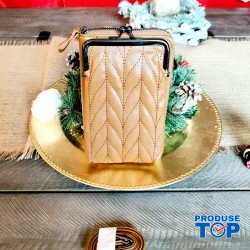 Portofel dama bej inchis din piele ecologica cu incheietoare clasica si bareta detasabila ACPT019