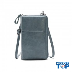 Portofel dama albastru tip gentuta din piele ecologica cu incheietoare clasica cu fermoar buzunar exterior aplicat si bareta detasabila ACPT020