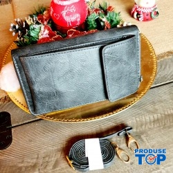 Portofel dama gri tip gentuta din piele ecologica cu incheietoare clasica cu fermoar buzunar exterior aplicat si bareta detasabila ACPT020