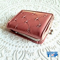 Portofel dama roz-inchis din piele ecologica cu flori brodate inchidere cu capsa si compartiment separat ACPT035