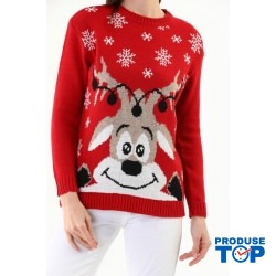 Pulover Dama Rosu de Craciun Marime Universala cu Maneca Lunga Imprimeu Mos Craciun PLD16