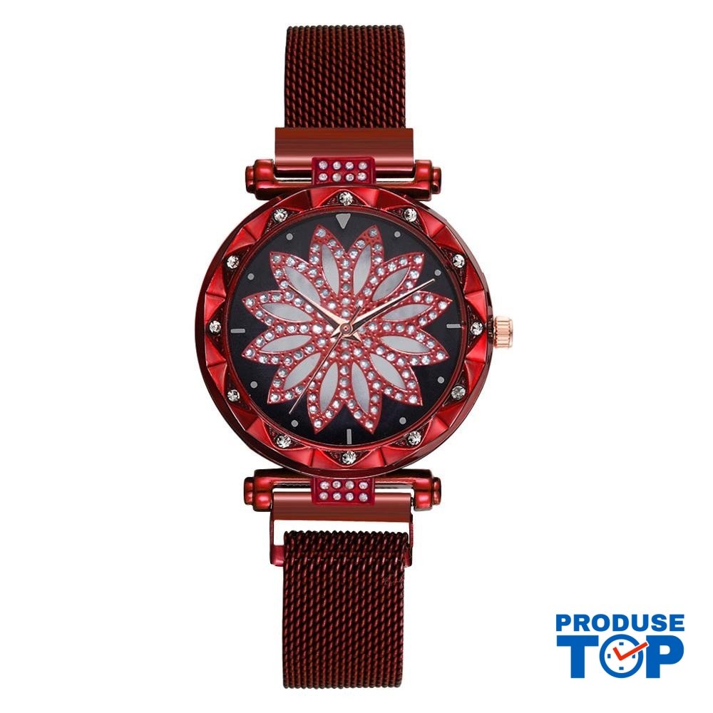Ceas Dama Rosu cu floare din cristale pe cadran si bratara magnetica QUARTZ CDQZ007 Ceas Dama Rosu cu floare din cristale pe cadran si bratara magnetica QUARTZ CDQZ007