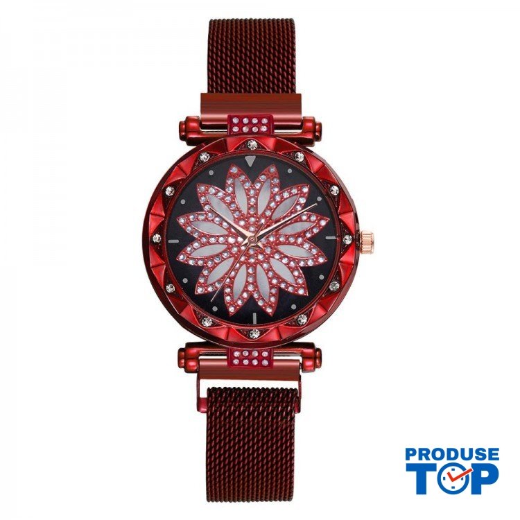 Ceas Dama Rosu cu floare din cristale pe cadran si bratara magnetica QUARTZ CDQZ007 Ceas Dama Rosu cu floare din cristale pe cadran si bratara magnetica QUARTZ CDQZ007