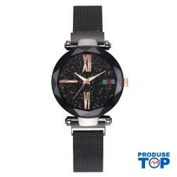 Ceas Dama Casual cu bratara magnetica si cadran cu picatele Black QUARTZ CDQZ009
