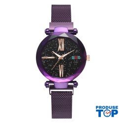 Ceas Dama Casual cu bratara magnetica si cadran cu picatele Purple QUARTZ CDQZ009