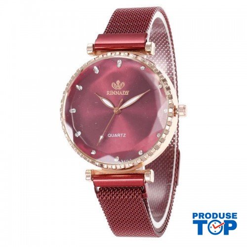 Ceas Dama Rosu cu bratara magnetica Rinnady QUARTZ CDQZ012