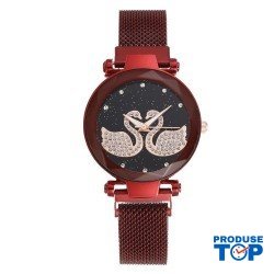 Ceas Dama Casual Elegant Rosu cu 2 lebede si bratara magnetica reglabila QUARTZ CDQZ016