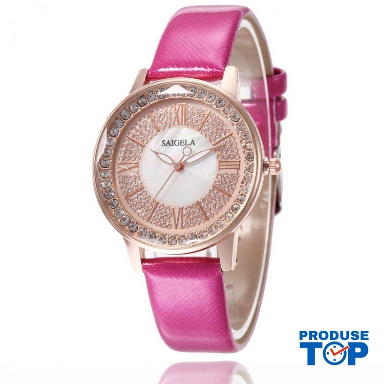 Ceas Dama QUEEN Auriu cu pietricele si bratara din piele eco Hot Pink QUARTZ CDQZ024 Ceas Dama QUEEN Auriu cu pietricele si bratara din piele eco Hot Pink QUARTZ CDQZ024
