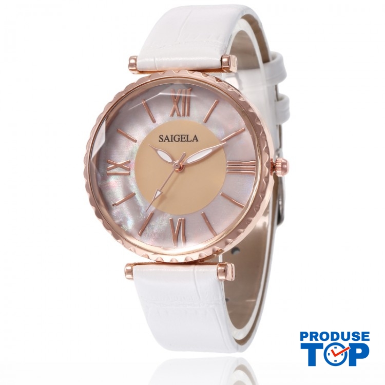 Ceas Dama QUEEN Alb cu pietricele si bratara din piele eco QUARTZ CDQZ024 Ceas Dama QUEEN Alb cu pietricele si bratara din piele eco QUARTZ CDQZ024