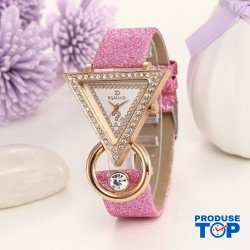 Ceas Dama Elegant cu cadran triunghiular si cristale Pink QUARTZ CDQZ036