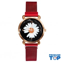Ceas Dama Elegant Rosu cu margareta si cu bratara magnetica reglabila QUARTZ CDQZ049
