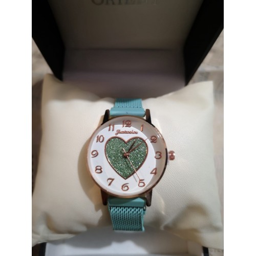 Ceas Dama Elegant Turquoise cu inimioara glitter si  bratara magnetica reglabila QUARTZ CDQZ051