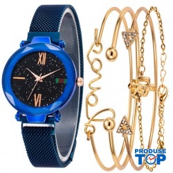 Set Ceas Dama cu 4 Bratari Fashion si Curea Magnetica Adaptabila Blue CDQZ061