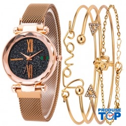 Set Ceas Dama cu 4 Bratari Fashion si Curea Magnetica Adaptabila Gold CDQZ061