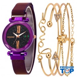 Set Ceas Dama cu 4 Bratari Fashion si Curea Magnetica Adaptabila purple CDQZ061