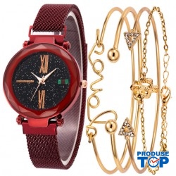 Set Ceas Dama cu 4 Bratari Fashion si Curea Magnetica Adaptabila red CDQZ061