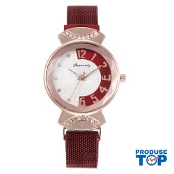Ceas Dama Casual cu bratara magnetica si cadran in doua culori si strasuri rosu QUARTZ CDQZ067