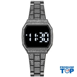 Ceas Dama Luxury negru cu pietre pe carcasa afisaj led si bratara metalica CDQZ082