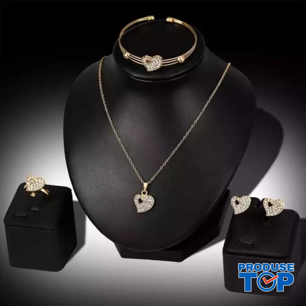 Set Ceas Dama Elegant auriu cu inimioare si cu set bijuterii cadou: cercei + colier + bratara + inel + cutie  QUARTZ CDQZ092