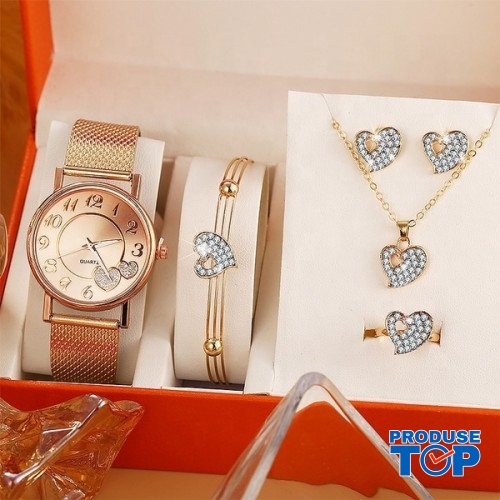 Set Ceas Dama Elegant auriu cu inimioare si cu set bijuterii cadou: cercei + colier + bratara + inel + cutie  QUARTZ CDQZ092