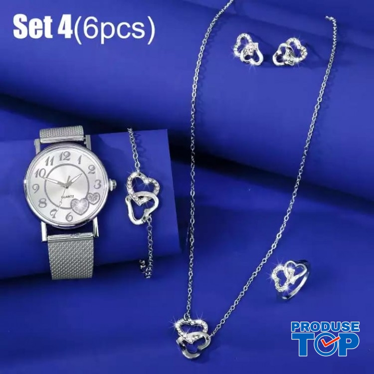 Set Ceas Dama Elegant argintiu cu inimioare si cu set bijuterii cadou: cercei + colier + bratara + inel + cutie  QUARTZ CDQZ092