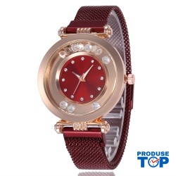 Ceas Dama cu bratara magnetica rosie si strasuri QUARTZ CDQZ093