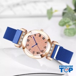 Ceas Dama Casual cu bratara magnetica si cadran cu strasuri albastru QUARTZ CDQZ097