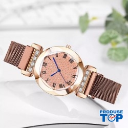 Ceas Dama Casual cu bratara magnetica si cadran cu strasuri maro QUARTZ CDQZ097