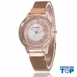 Ceas Dama Elegant Auriu si Alb cu bratara magnetica si cifre romane Collection QUARTZ CDQZ099