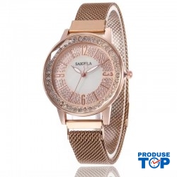 Ceas Dama Elegant Auriu si Alb cu bratara magnetica si cifre arabe Collection QUARTZ CDQZ099