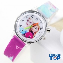 Ceas fete Frozen cadran rotund cu lumini si bratara reglabila mov QUARTZ CDQZ100