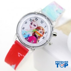 Ceas fete Frozen cadran rotund cu lumini si bratara reglabila rosie QUARTZ CDQZ100
