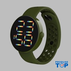 Ceas cu cadran rotund digital si bratara silicon kaki reglabila QUARTZ CDQZ111