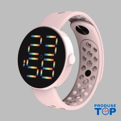 Ceas cu cadran rotund digital si bratara silicon roz reglabila QUARTZ CDQZ111